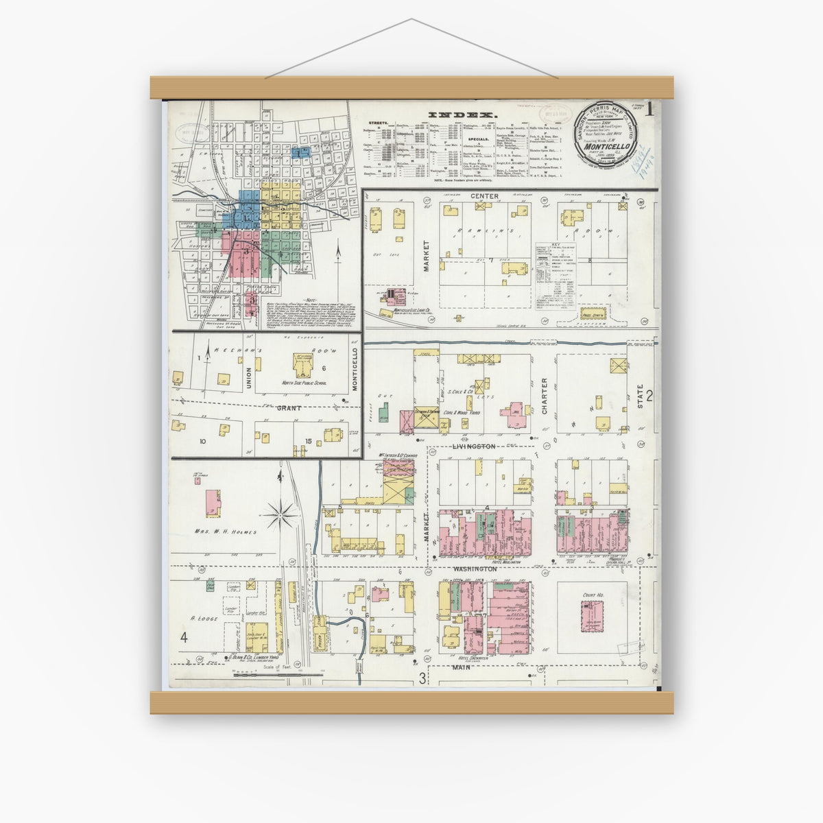 Old map wall art mockup — magnetic wood frame on white wall — Sanborn Fire Insurance Map from Monticello, Piatt County, Illinois (1899), Sheet #0001