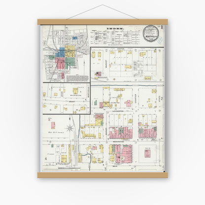 Old map wall art mockup — magnetic wood frame on white wall — Sanborn Fire Insurance Map from Monticello, Piatt County, Illinois (1899), Sheet #0001