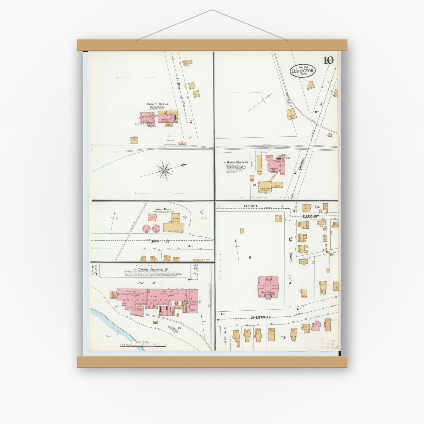 Old map wall art mockup — magnetic wood frame on white wall — Sanborn Fire Insurance Map from Coshocton, Coshocton County, Ohio (1899), Sheet #0010