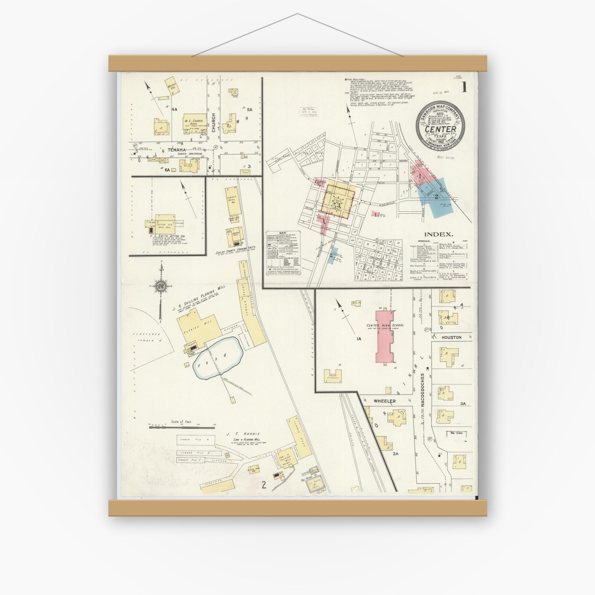 Old map wall art mockup — magnetic wood frame on white wall — Sanborn Fire Insurance Map from Center, Shelby County, Texas (1912), Sheet #0001