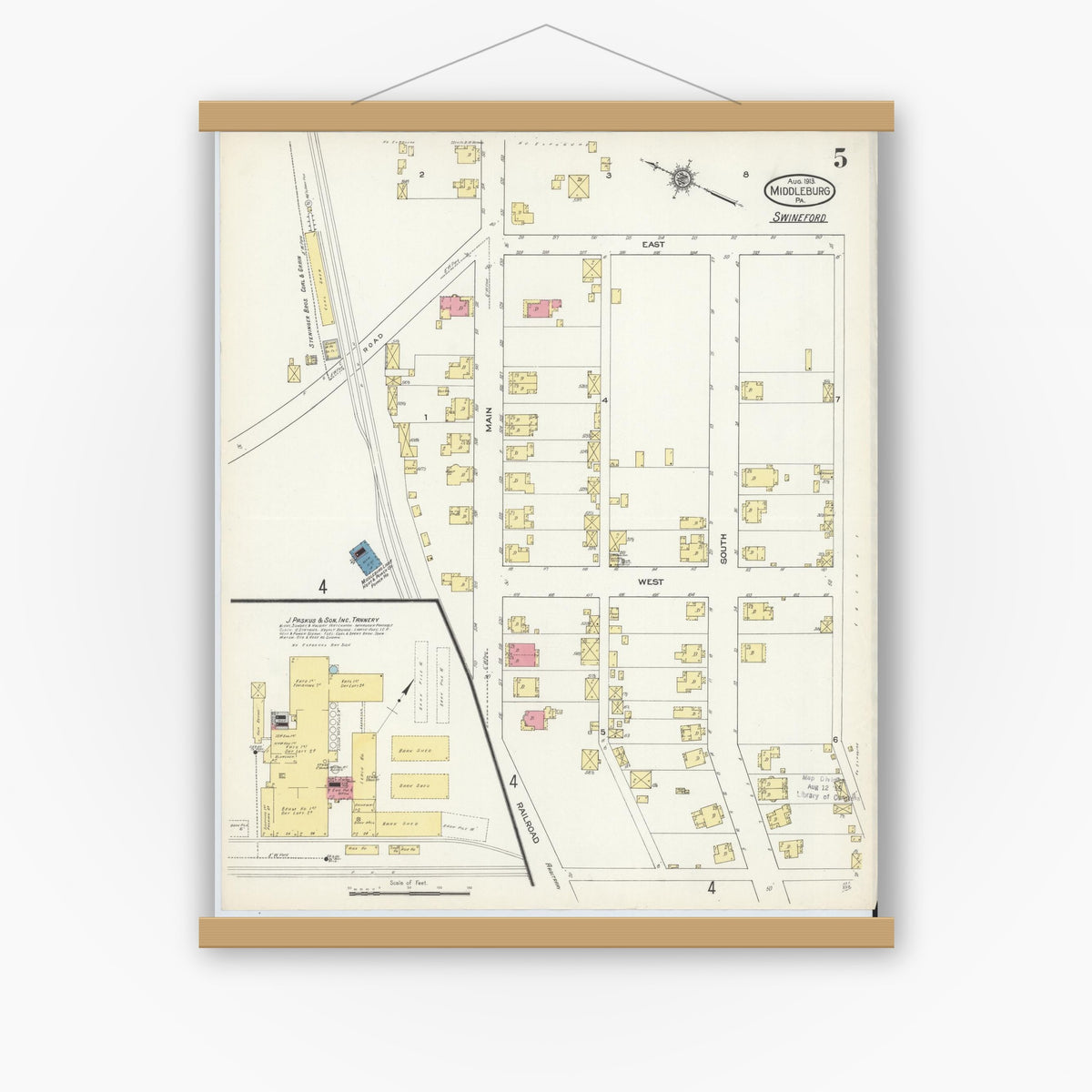Old map wall art mockup — magnetic wood frame on white wall — Sanborn Fire Insurance Map from Middleburg, Snyder County, Pennsylvania (1913), Sheet #0005