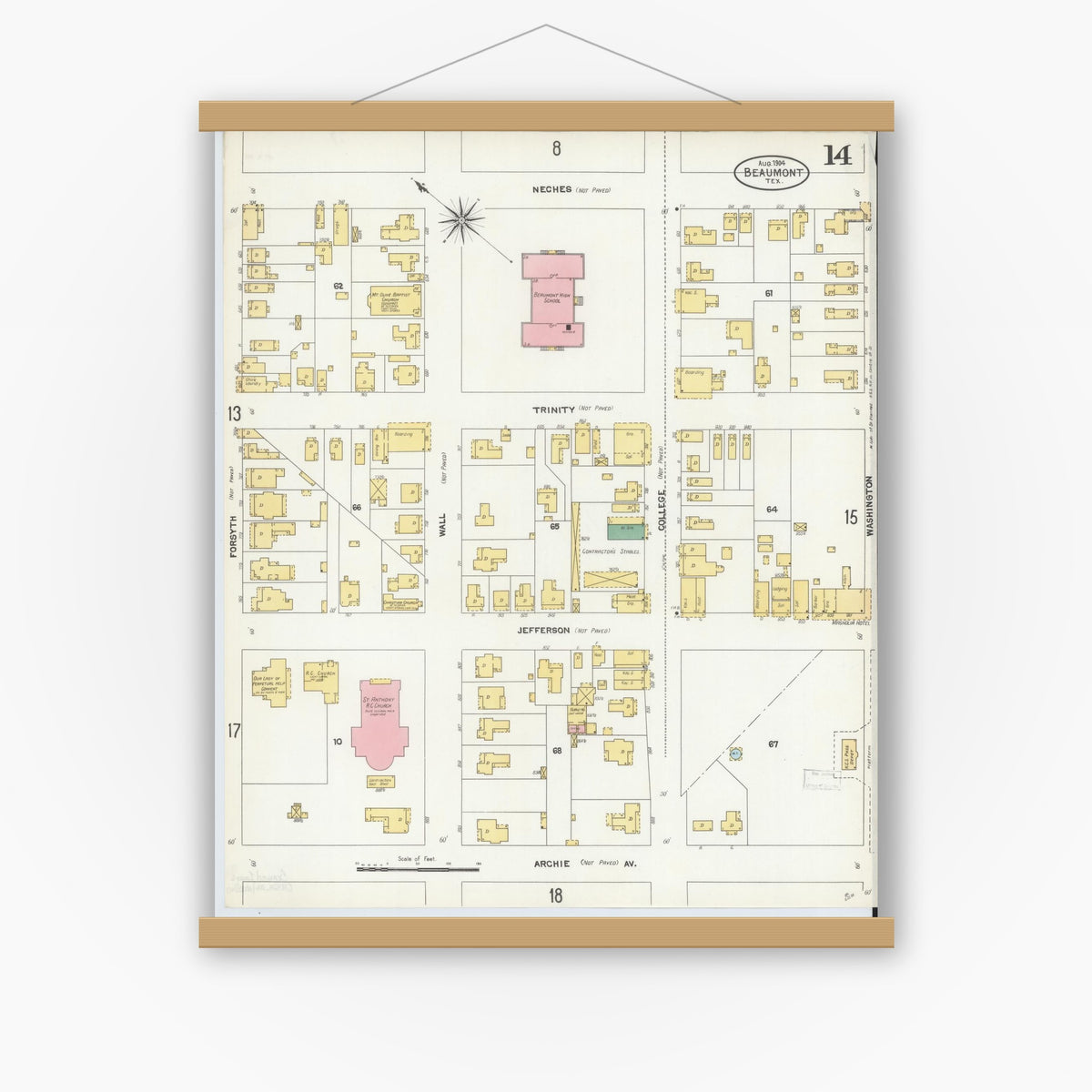 Old map wall art mockup — magnetic wood frame on white wall — Sanborn Fire Insurance Map from Beaumont, Jefferson County, Texas (1904), Sheet #0014