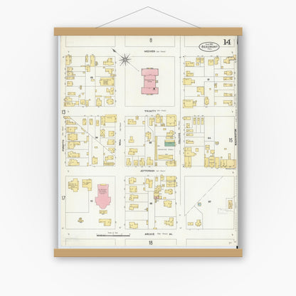 Old map wall art mockup — magnetic wood frame on white wall — Sanborn Fire Insurance Map from Beaumont, Jefferson County, Texas (1904), Sheet #0014