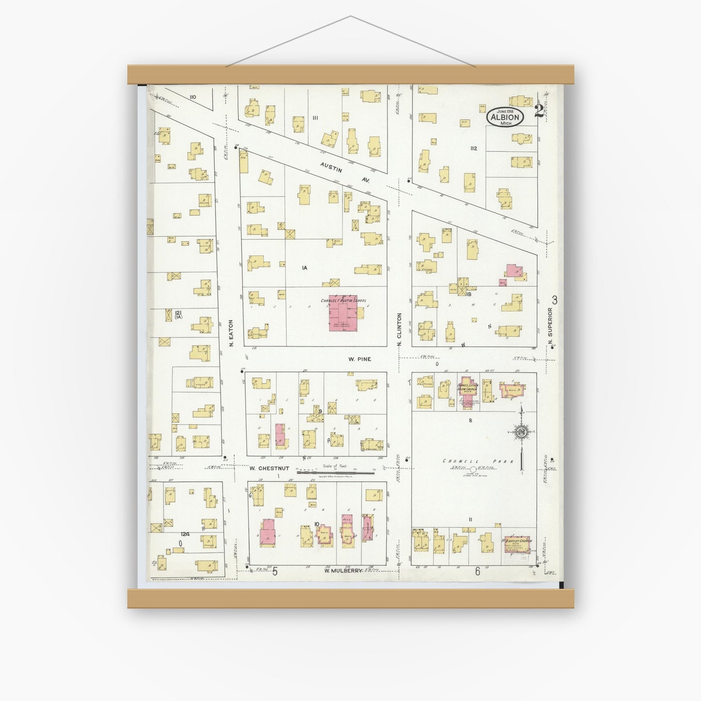 Old map wall art mockup — magnetic wood frame on white wall — Sanborn Fire Insurance Map from Albion, Calhoun County, Michigan (1918), Sheet #0002