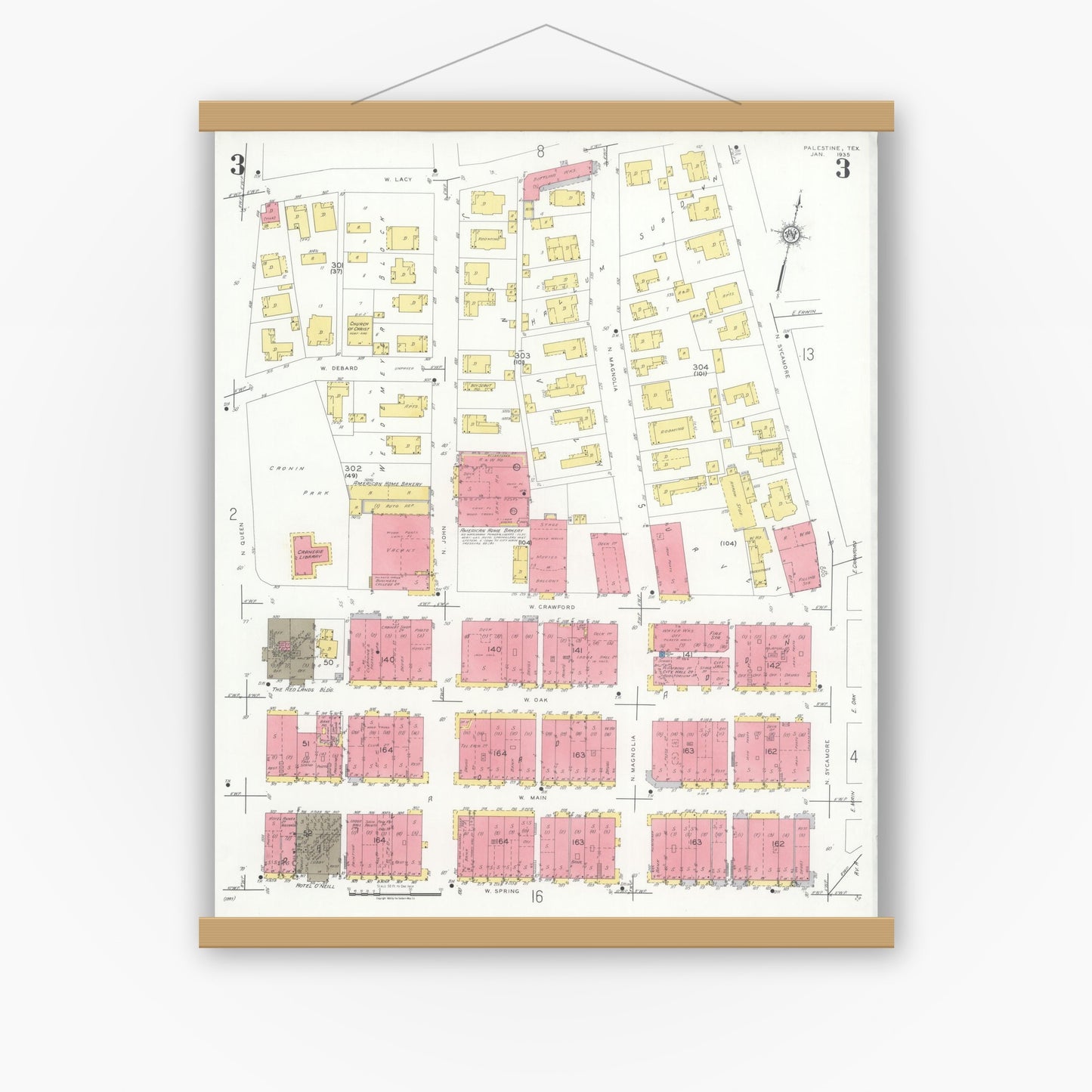 Old map wall art mockup — magnetic wood frame on white wall — Sanborn Fire Insurance Map from Palestine, Anderson County, Texas (1935), Sheet #0003