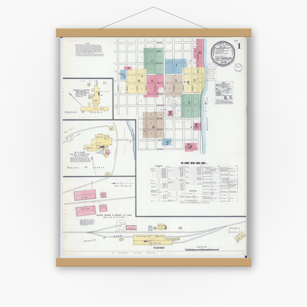 Old map wall art mockup — magnetic wood frame on white wall — Sanborn Fire Insurance Map from Cape Girardeau, Cape Girardeau County, Missouri (1900) - Complete Map Set