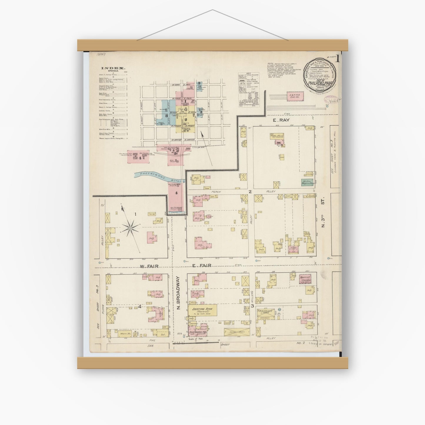 Old map wall art mockup — magnetic wood frame on white wall — Sanborn Fire Insurance Map from New Philadelphia, Tuscarawas County, Ohio (1887) - Complete Map Set