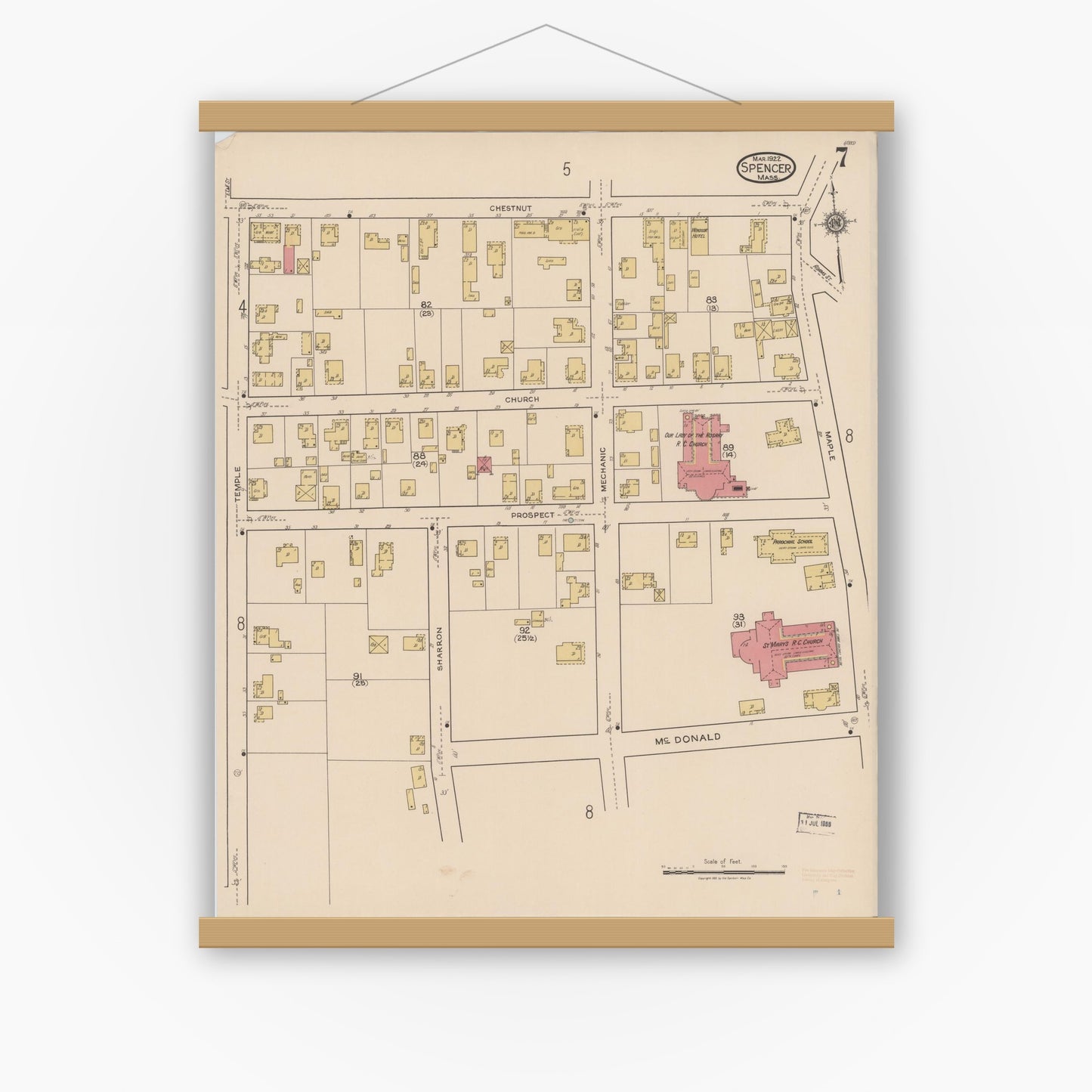 Old map wall art mockup — magnetic wood frame on white wall — Sanborn Fire Insurance Map from Spencer, Worcester County, Massachusetts (1922), Sheet #0007