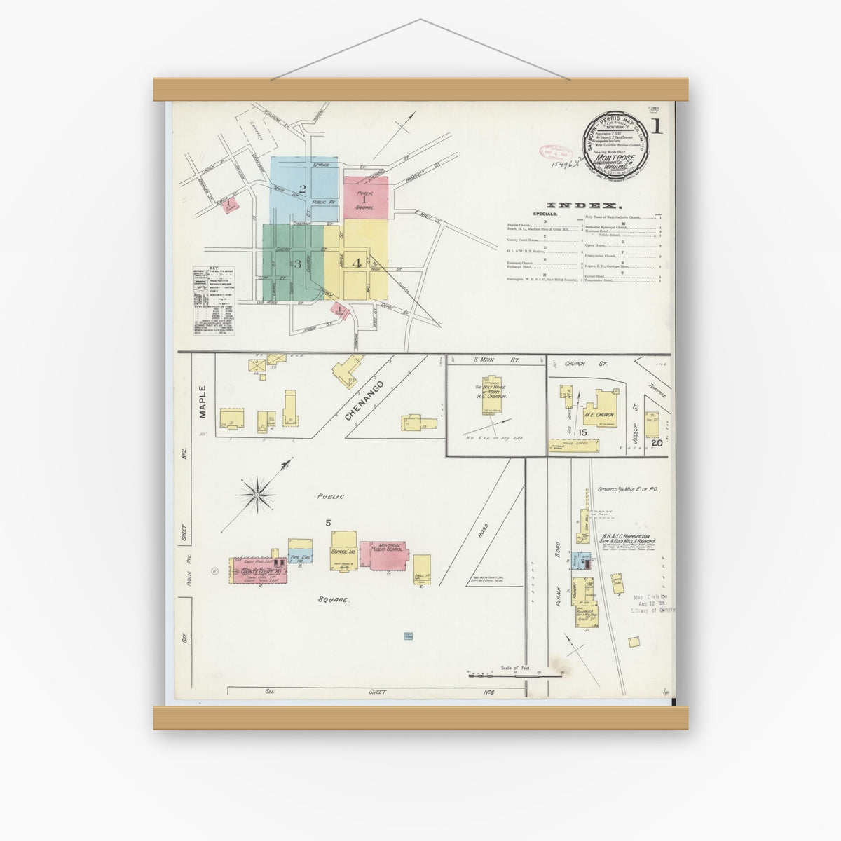Old map wall art mockup — magnetic wood frame on white wall — Sanborn Fire Insurance Map from Montrose, Susquehanna County, Pennsylvania (1892) - Complete Map Set