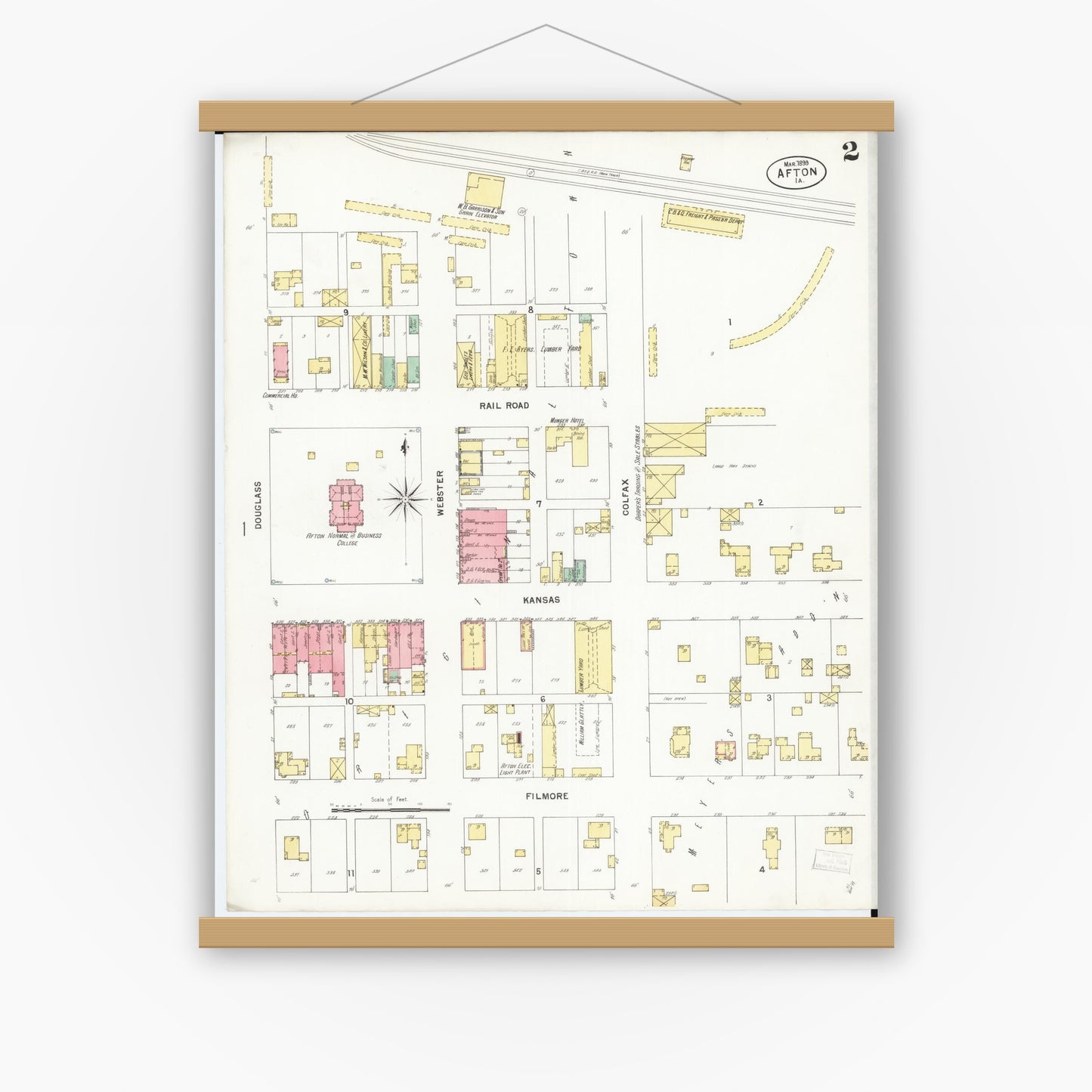 Old map wall art mockup — magnetic wood frame on white wall — Sanborn Fire Insurance Map from Afton, Union County, Iowa (1899), Sheet #0002