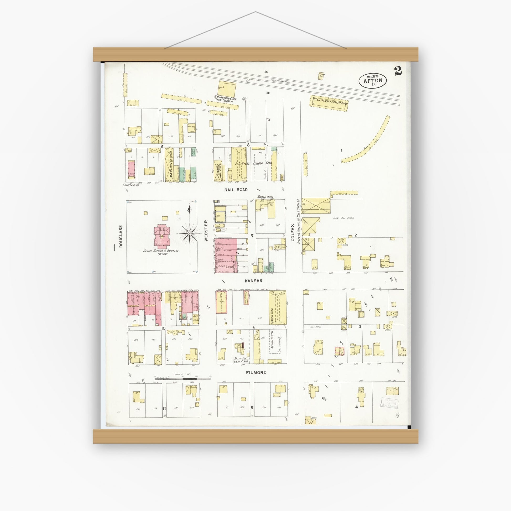 Old map wall art mockup — magnetic wood frame on white wall — Sanborn Fire Insurance Map from Afton, Union County, Iowa (1899), Sheet #0002