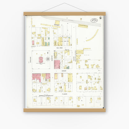 Old map wall art mockup — magnetic wood frame on white wall — Sanborn Fire Insurance Map from Afton, Union County, Iowa (1899), Sheet #0002