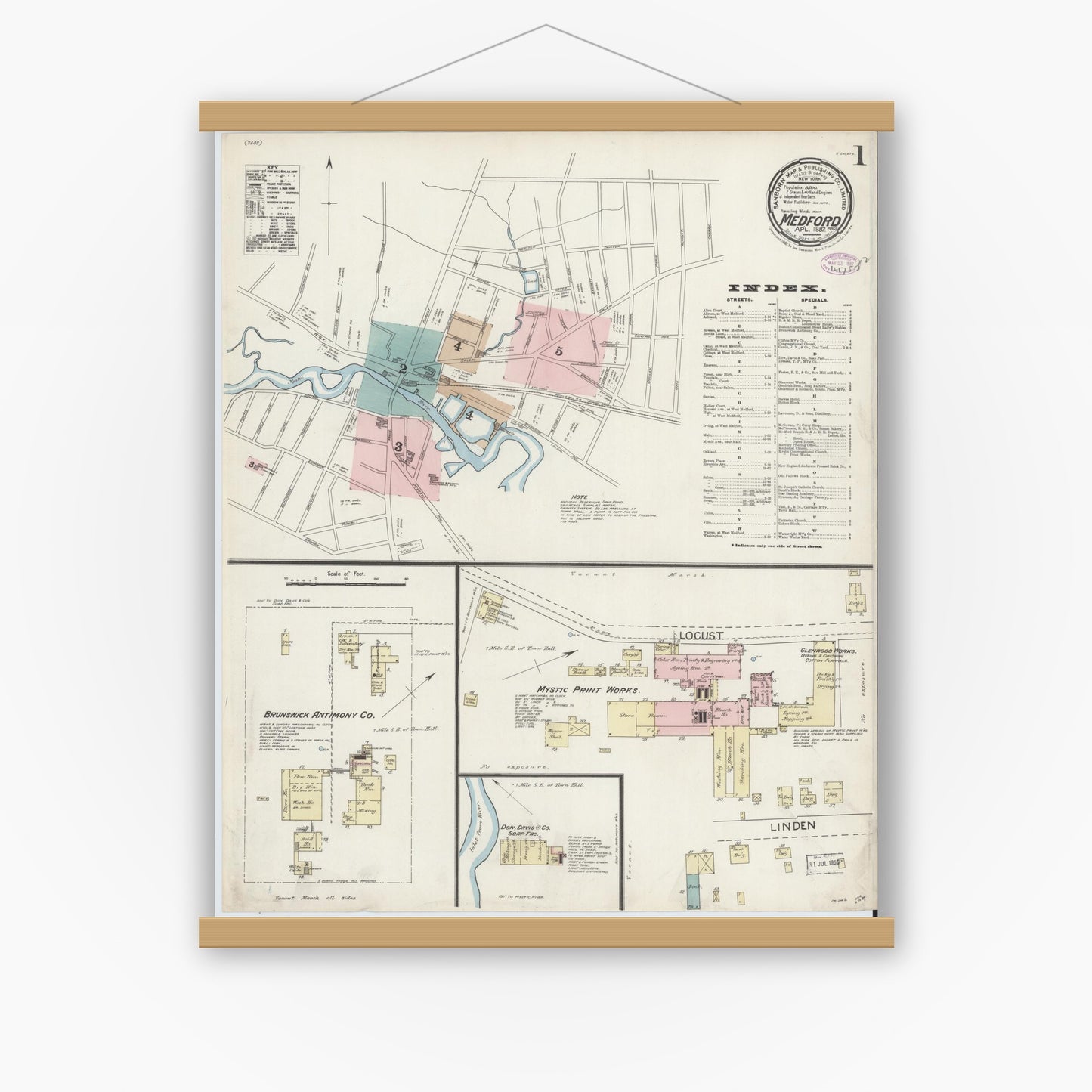 Old map wall art mockup — magnetic wood frame on white wall — Sanborn Fire Insurance Map from Medford, Middlesex County, Massachusetts (1887), Sheet #0001