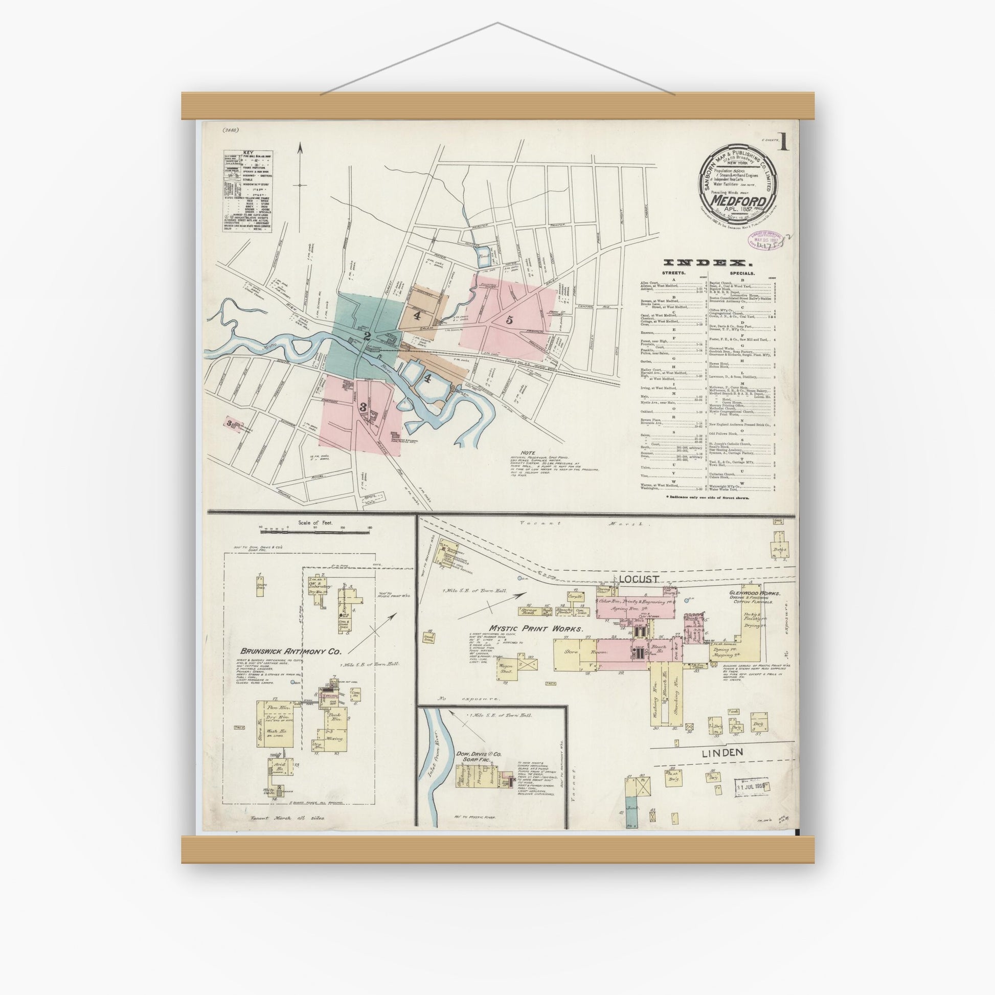 Old map wall art mockup — magnetic wood frame on white wall — Sanborn Fire Insurance Map from Medford, Middlesex County, Massachusetts (1887), Sheet #0001