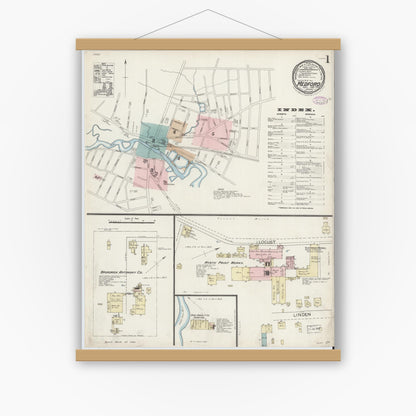 Old map wall art mockup — magnetic wood frame on white wall — Sanborn Fire Insurance Map from Medford, Middlesex County, Massachusetts (1887), Sheet #0001