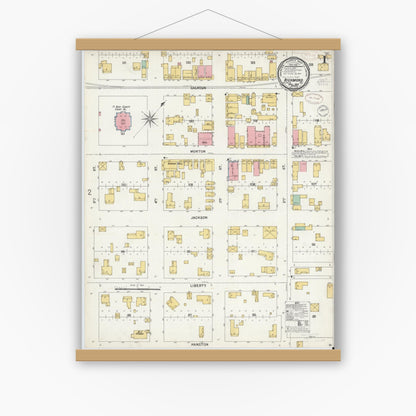 Old map wall art mockup — magnetic wood frame on white wall — Sanborn Fire Insurance Map from Richmond, Fort Bend County, Texas (1899), Sheet #0001