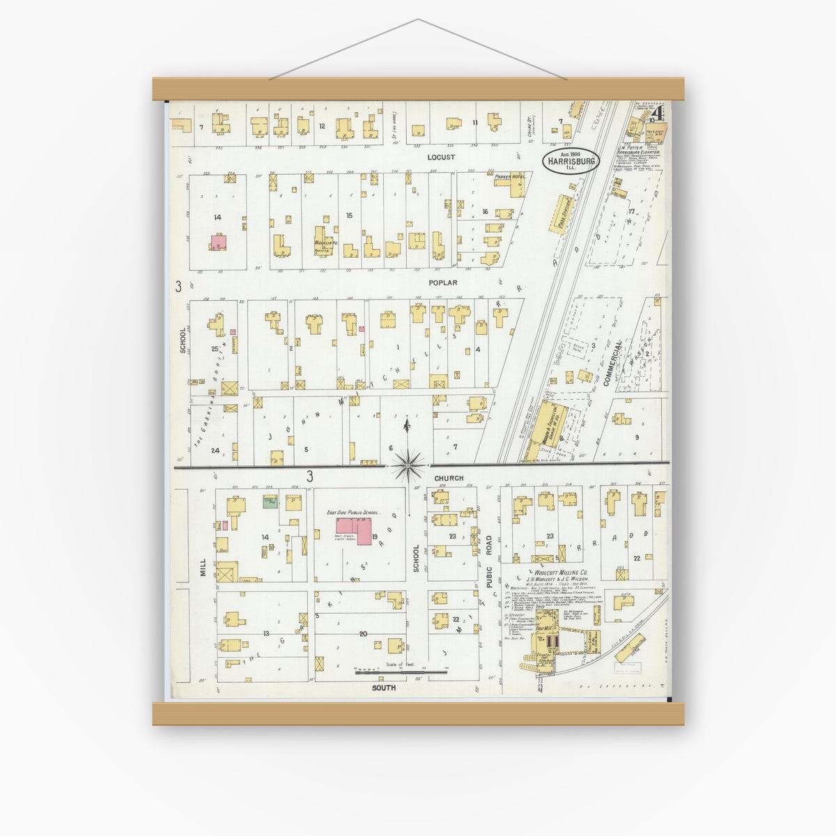 Old map wall art mockup — magnetic wood frame on white wall — Sanborn Fire Insurance Map from Harrisburg, Saline County, Illinois (1900), Sheet #0004