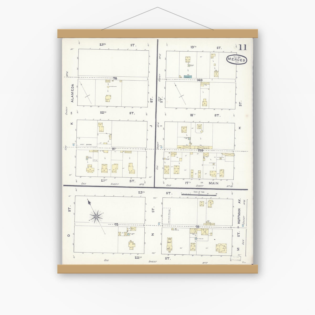 Old map wall art mockup — magnetic wood frame on white wall — Sanborn Fire Insurance Map from Merced, Merced County, California (1891), Sheet #0011