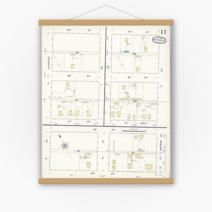 Old map wall art mockup — magnetic wood frame on white wall — Sanborn Fire Insurance Map from Merced, Merced County, California (1891), Sheet #0011