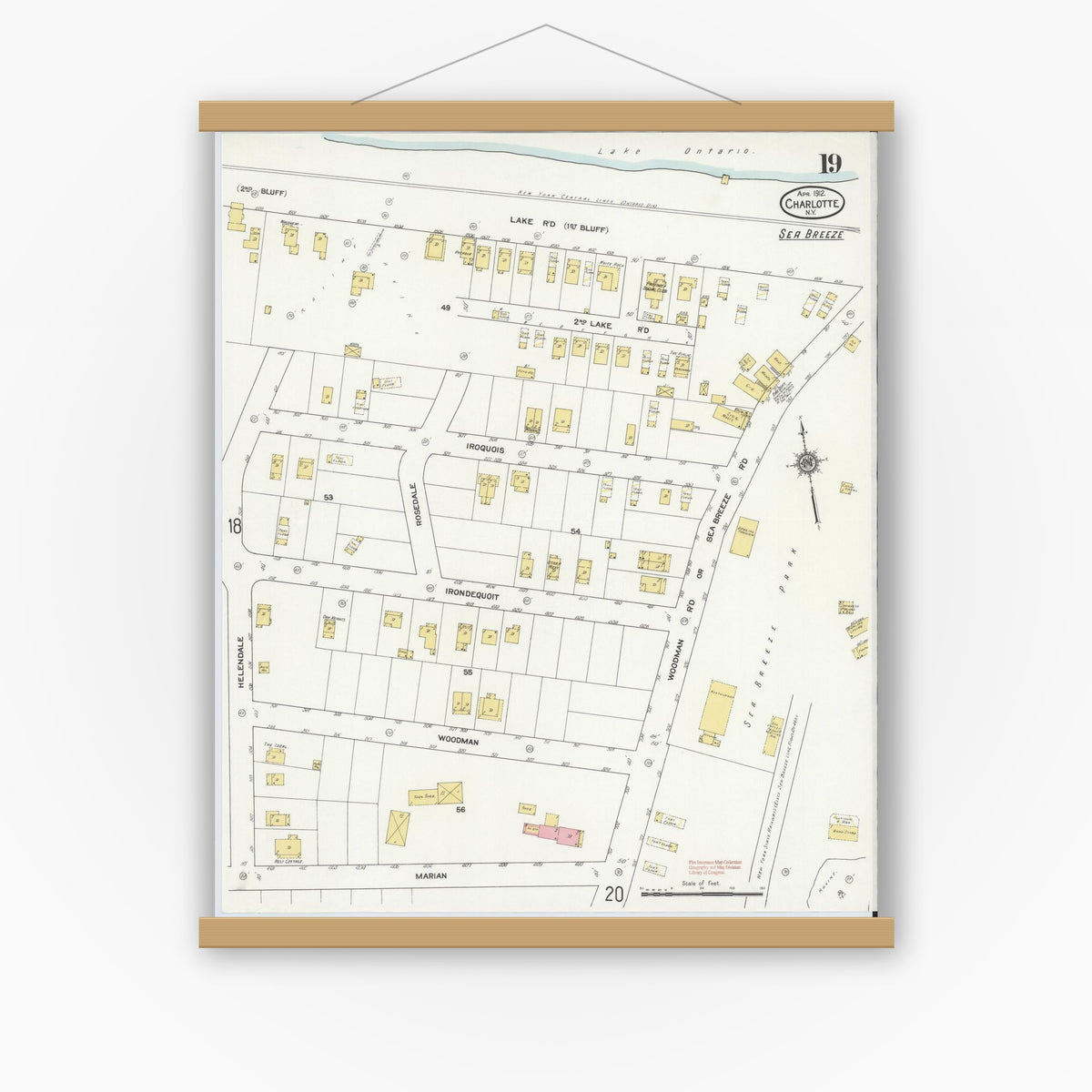 Old map wall art mockup — magnetic wood frame on white wall — Sanborn Fire Insurance Map from Charlotte, Monroe County, New York (1912), Sheet #0019