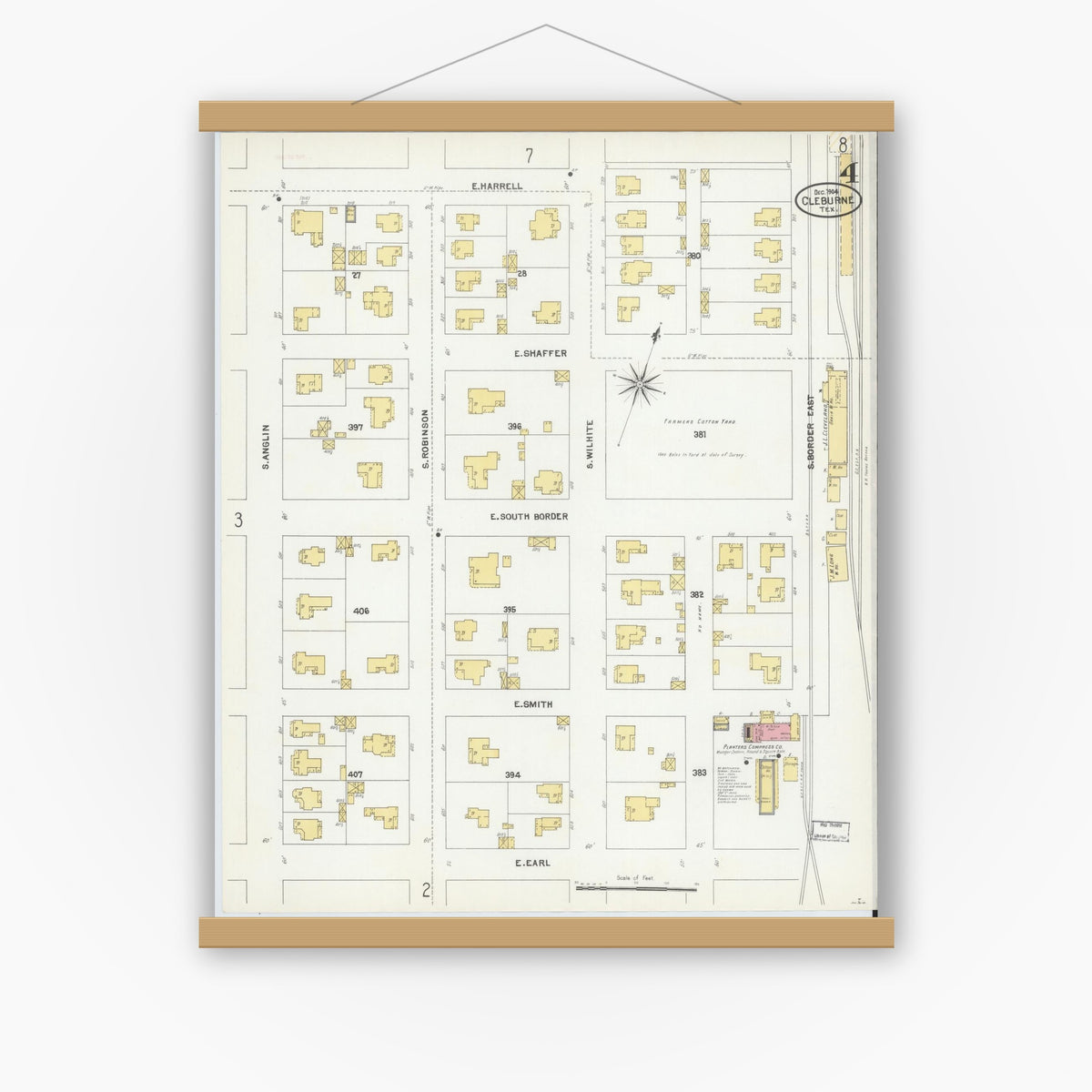 Old map wall art mockup — magnetic wood frame on white wall — Sanborn Fire Insurance Map from Cleburne, Johnson County, Texas (1904), Sheet #0004