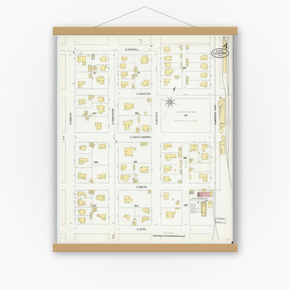 Old map wall art mockup — magnetic wood frame on white wall — Sanborn Fire Insurance Map from Cleburne, Johnson County, Texas (1904), Sheet #0004