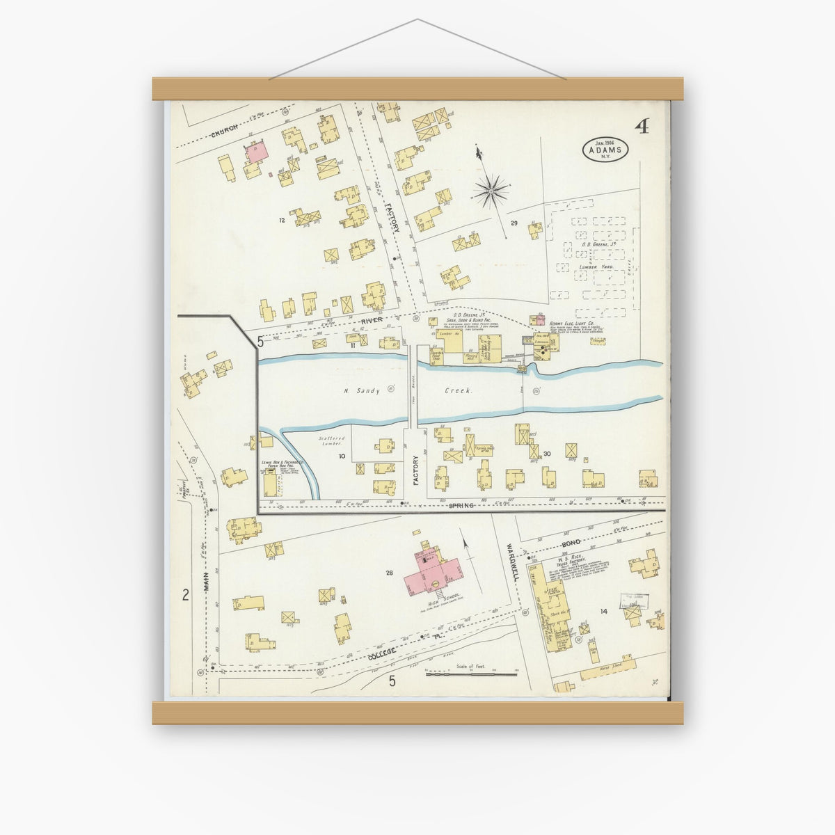 Old map wall art mockup — magnetic wood frame on white wall — Sanborn Fire Insurance Map from Adams, Jefferson County, New York (1906), Sheet #0004