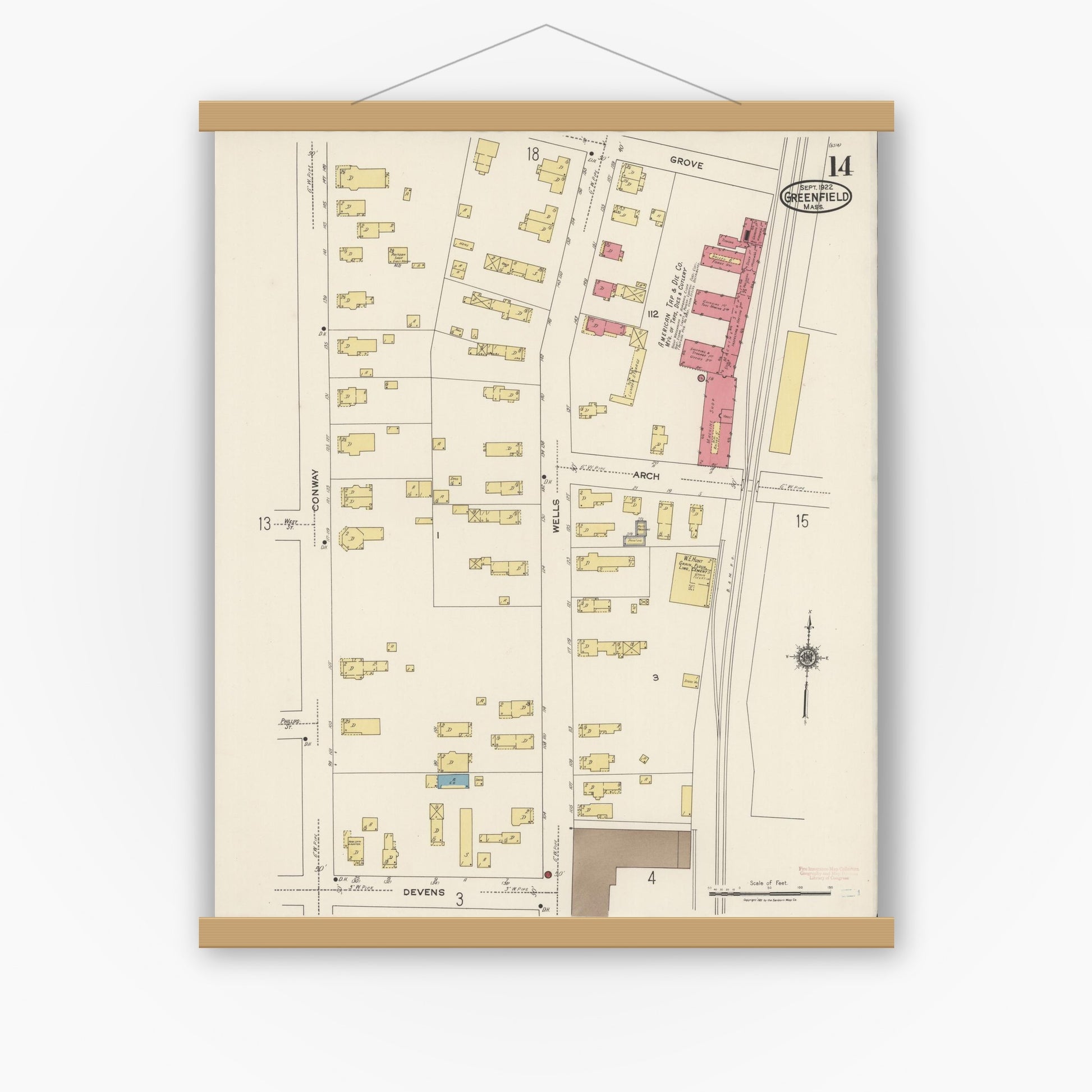 Old map wall art mockup — magnetic wood frame on white wall — Sanborn Fire Insurance Map from Greenfield, Franklin County, Massachusetts (1922), Sheet #0014