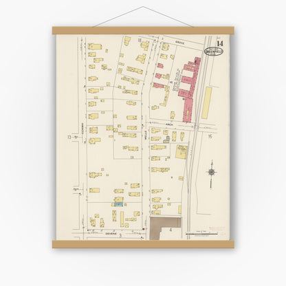 Old map wall art mockup — magnetic wood frame on white wall — Sanborn Fire Insurance Map from Greenfield, Franklin County, Massachusetts (1922), Sheet #0014