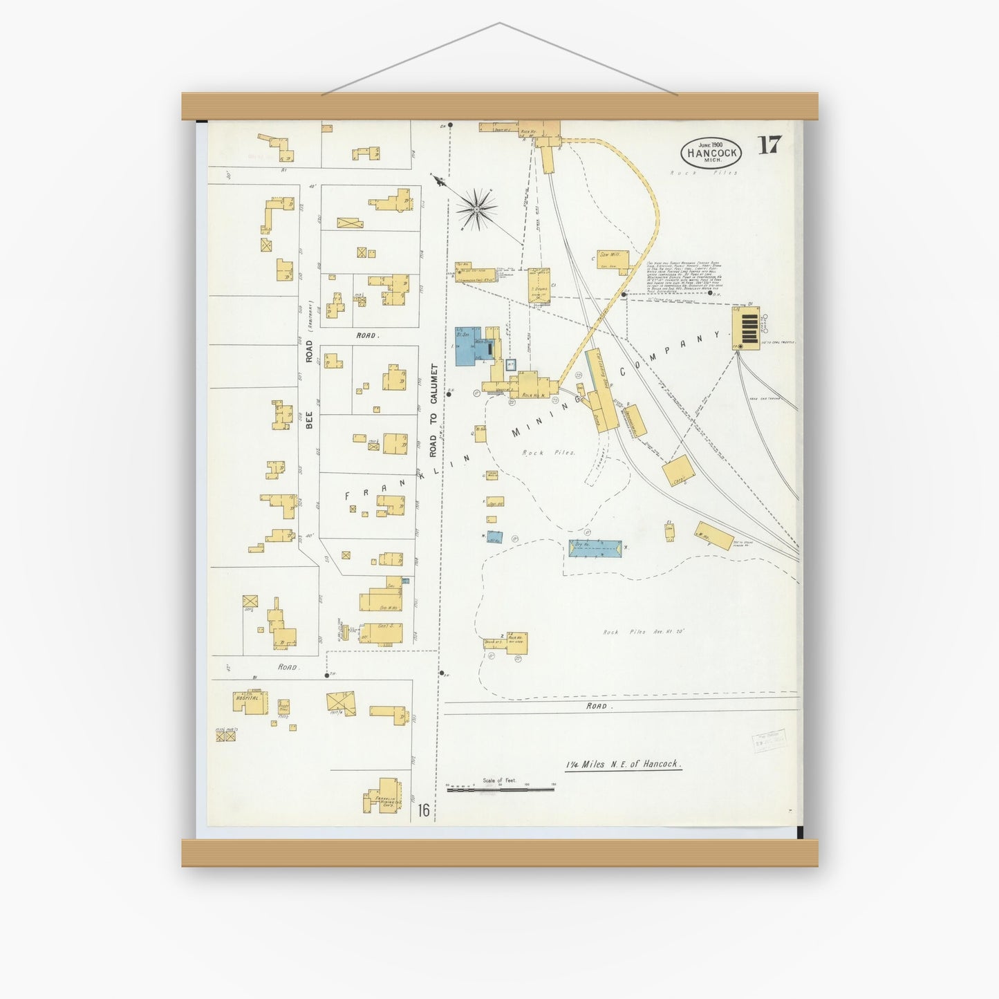 Old map wall art mockup — magnetic wood frame on white wall — Sanborn Fire Insurance Map from Houghton, Houghton County, Michigan (1900), Sheet #0017