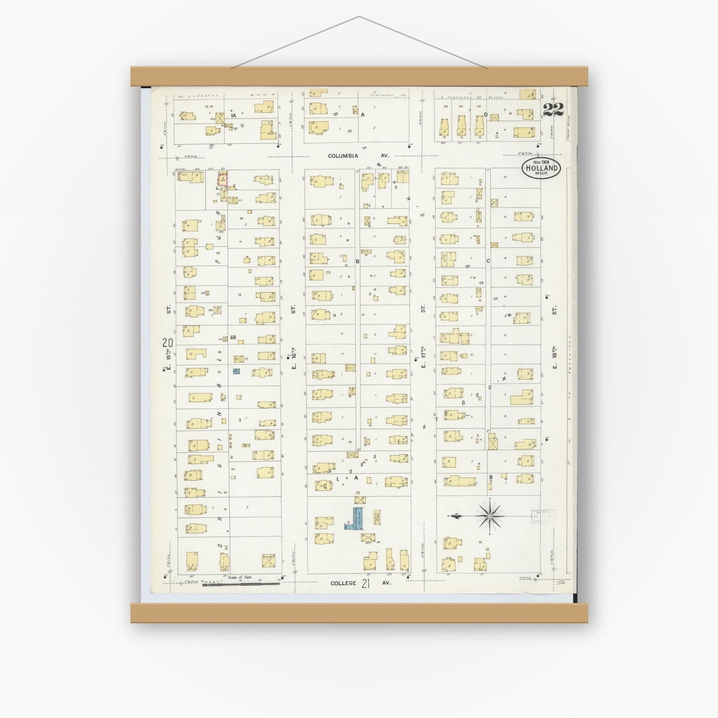 Old map wall art mockup — magnetic wood frame on white wall — Sanborn Fire Insurance Map from Holland, Ottawa County, Michigan (1908), Sheet #0022