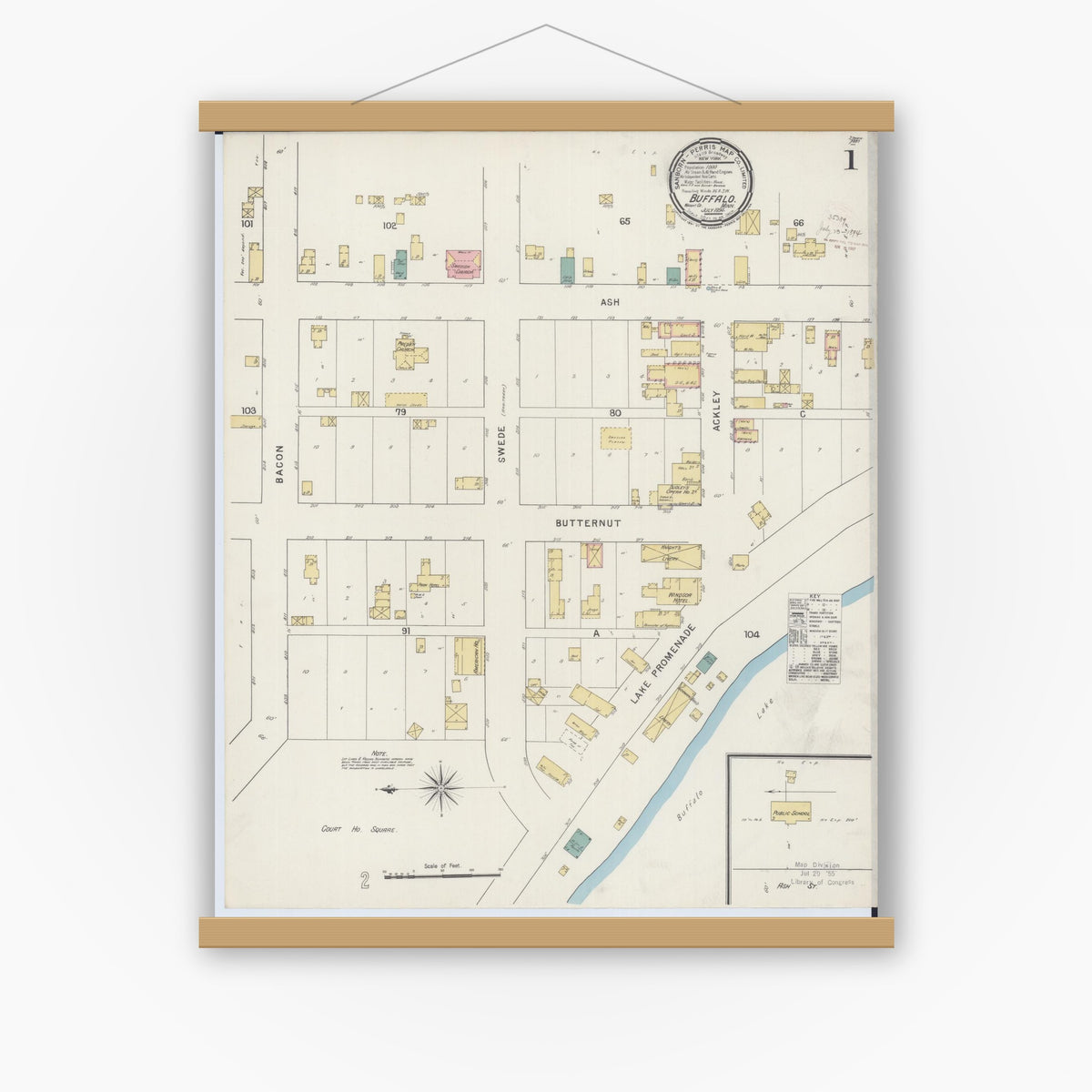 Old map wall art mockup — magnetic wood frame on white wall — Sanborn Fire Insurance Map from Buffalo, Wright County, Minnesota (1894), Sheet #0001