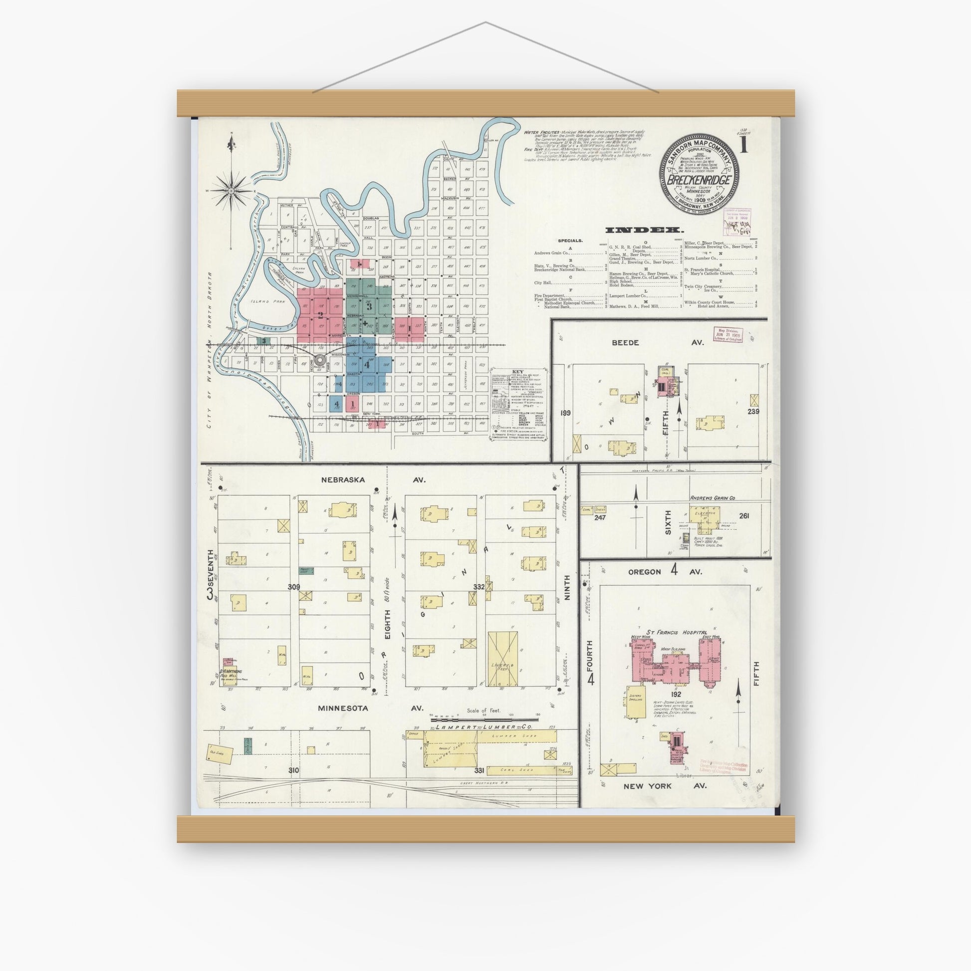 Old map wall art mockup — magnetic wood frame on white wall — Sanborn Fire Insurance Map from Breckenridge, Wilkin County, Minnesota (1909), Sheet #0001