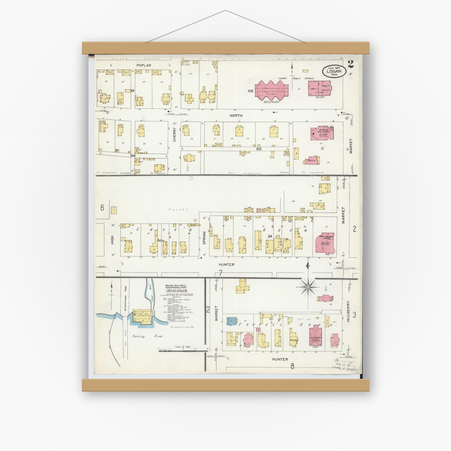Old map wall art mockup — magnetic wood frame on white wall — Sanborn Fire Insurance Map from Logan, Hocking County, Ohio (1907), Sheet #0002