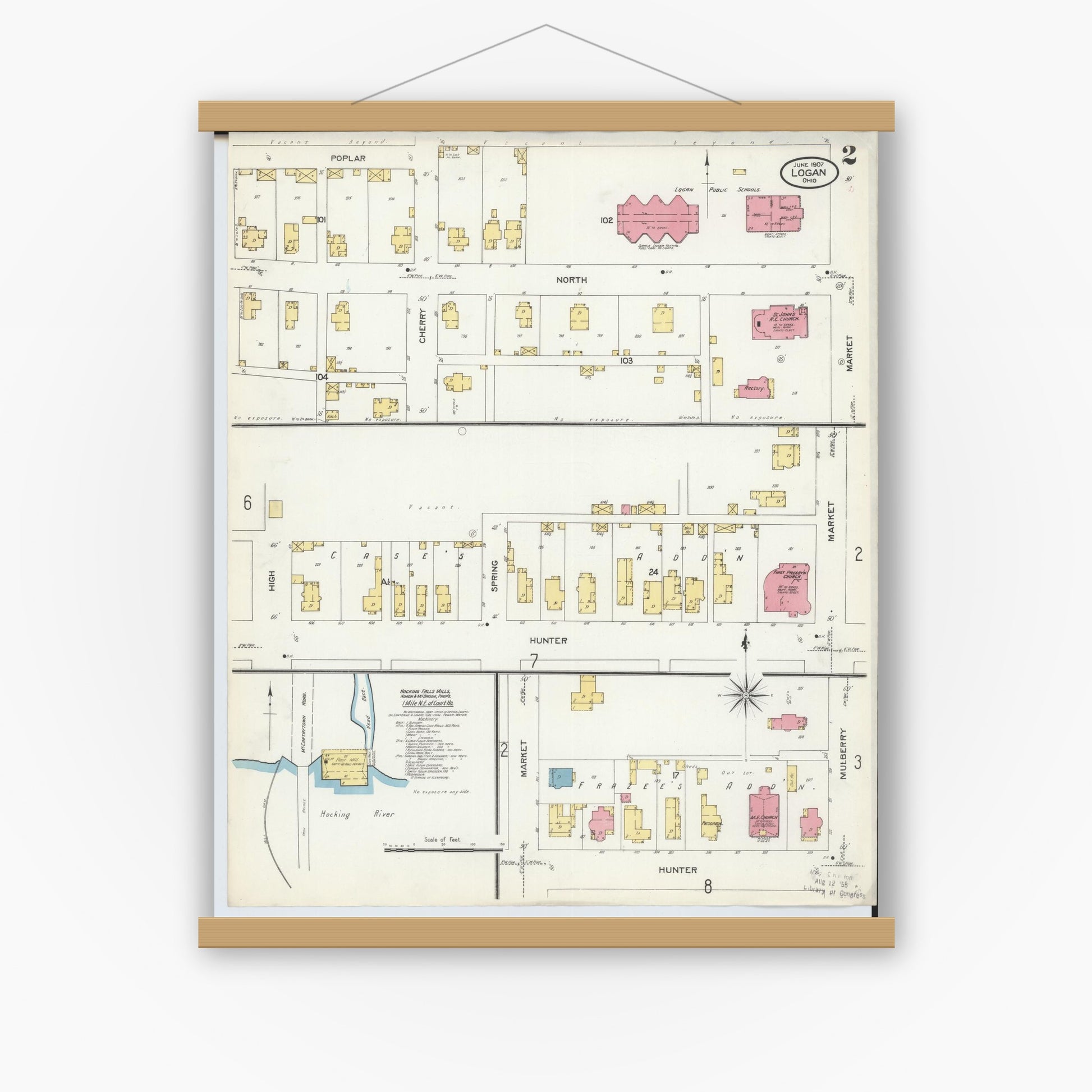 Old map wall art mockup — magnetic wood frame on white wall — Sanborn Fire Insurance Map from Logan, Hocking County, Ohio (1907), Sheet #0002
