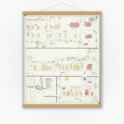 Old map wall art mockup — magnetic wood frame on white wall — Sanborn Fire Insurance Map from Logan, Hocking County, Ohio (1907), Sheet #0002