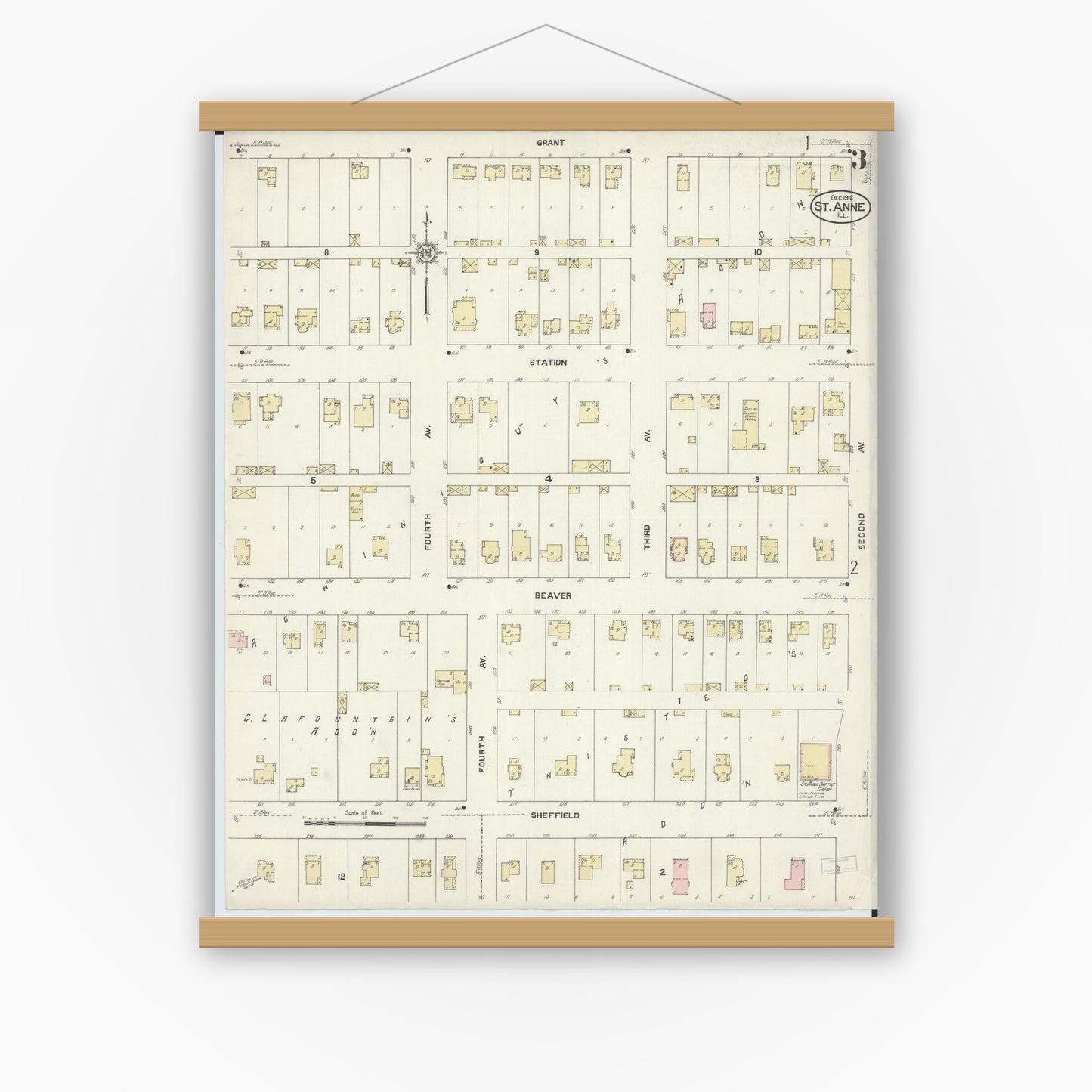 Old map wall art mockup — magnetic wood frame on white wall — Sanborn Fire Insurance Map from Saint Anne, Kankakee County, Illinois (1912), Sheet #0003