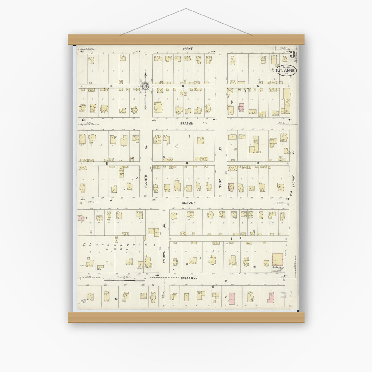 Old map wall art mockup — magnetic wood frame on white wall — Sanborn Fire Insurance Map from Saint Anne, Kankakee County, Illinois (1912), Sheet #0003