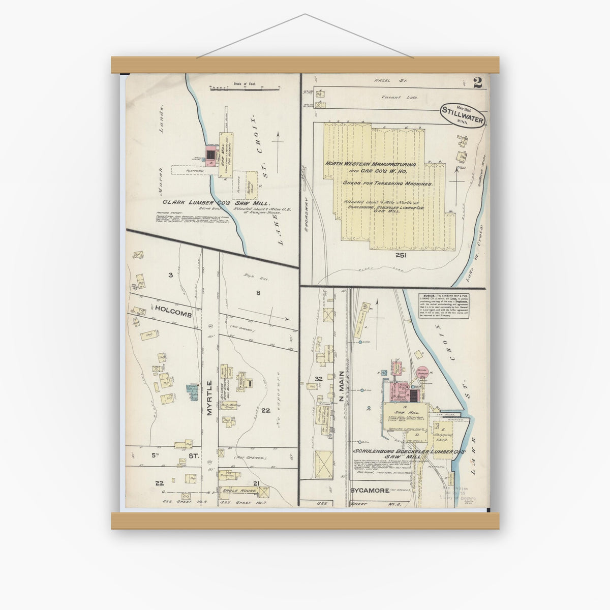 Old map wall art mockup — magnetic wood frame on white wall — Sanborn Fire Insurance Map from Stillwater, Washington County, Minnesota (1884), Sheet #0002