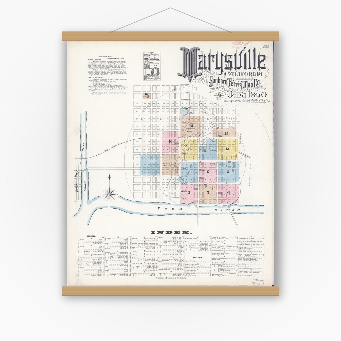 Old map wall art mockup — magnetic wood frame on white wall — Sanborn Fire Insurance Map from Marysville, Yuba County, California (1890), Sheet #0001