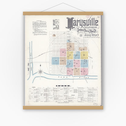 Old map wall art mockup — magnetic wood frame on white wall — Sanborn Fire Insurance Map from Marysville, Yuba County, California (1890), Sheet #0001