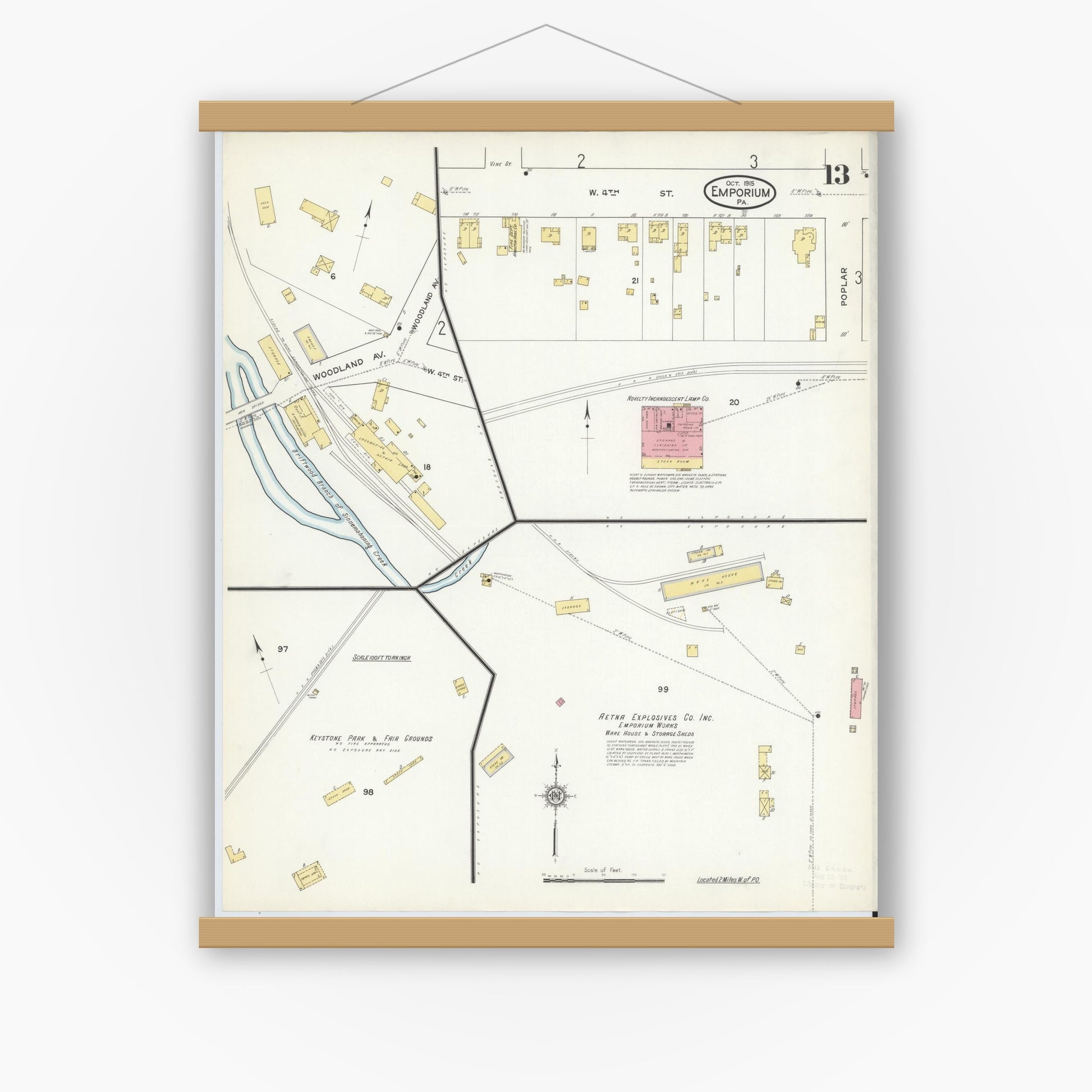Old map wall art mockup — magnetic wood frame on white wall — Sanborn Fire Insurance Map from Emporium, Cameron County, Pennsylvania (1915), Sheet #0013