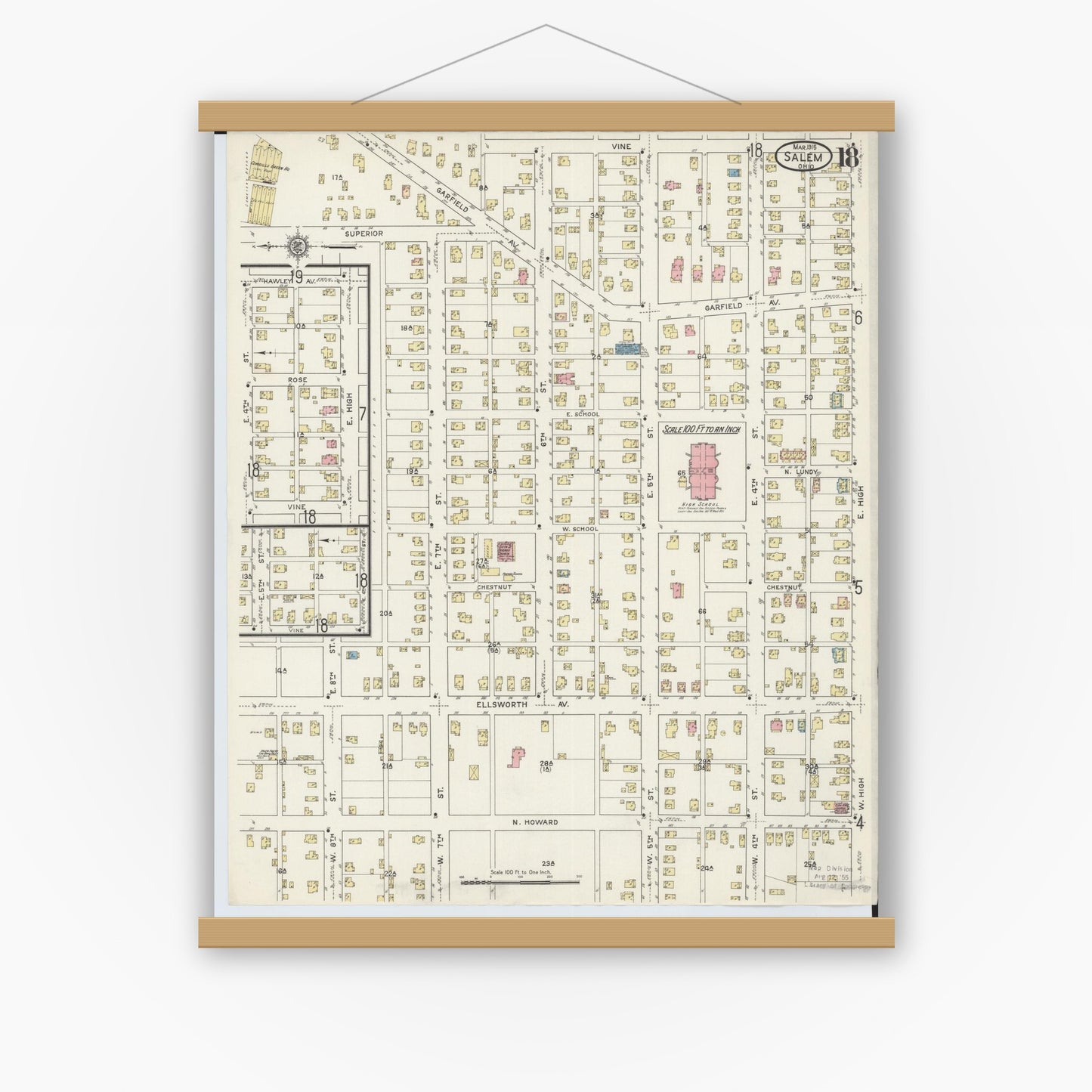 Old map wall art mockup — magnetic wood frame on white wall — Sanborn Fire Insurance Map from Salem, Columbiana County, Ohio (1915), Sheet #0018