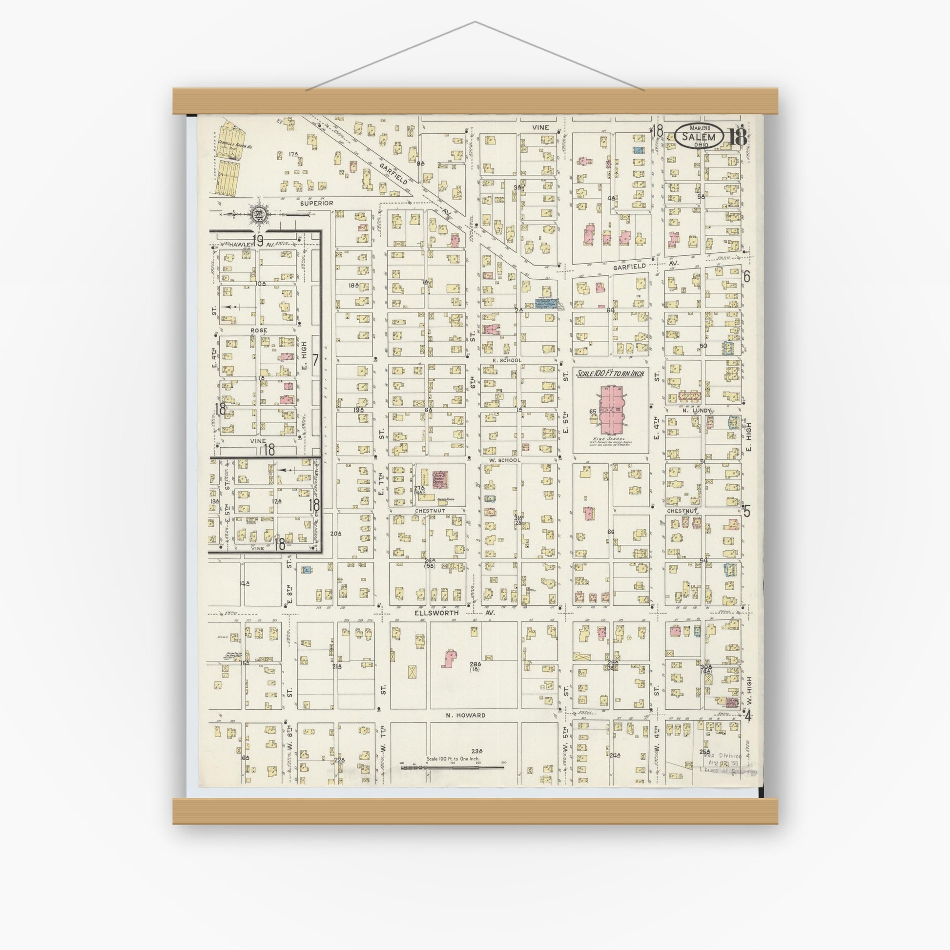Old map wall art mockup — magnetic wood frame on white wall — Sanborn Fire Insurance Map from Salem, Columbiana County, Ohio (1915), Sheet #0018