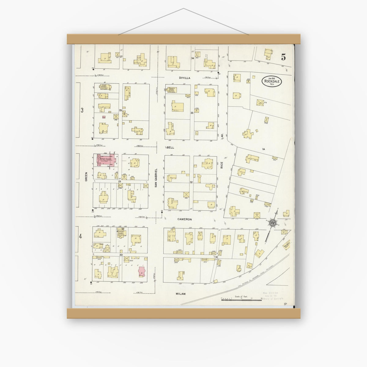 Old map wall art mockup — magnetic wood frame on white wall — Sanborn Fire Insurance Map from Rockdale, Milam County, Texas (1912), Sheet #0005