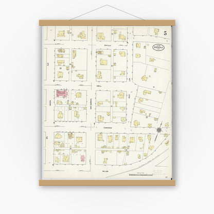 Old map wall art mockup — magnetic wood frame on white wall — Sanborn Fire Insurance Map from Rockdale, Milam County, Texas (1912), Sheet #0005