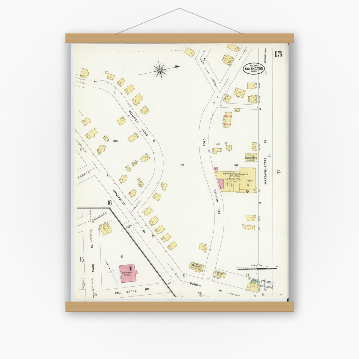 Old map wall art mockup — magnetic wood frame on white wall — Sanborn Fire Insurance Map from Arlington, Middlesex County, Massachusetts (1908), Sheet #0015