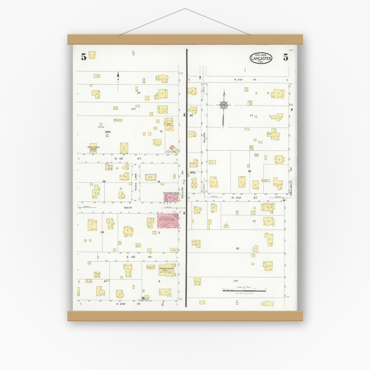 Old map wall art mockup — magnetic wood frame on white wall — Sanborn Fire Insurance Map from Lancaster, Dallas County, Texas (1928), Sheet #0005