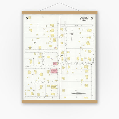 Old map wall art mockup — magnetic wood frame on white wall — Sanborn Fire Insurance Map from Lancaster, Dallas County, Texas (1928), Sheet #0005