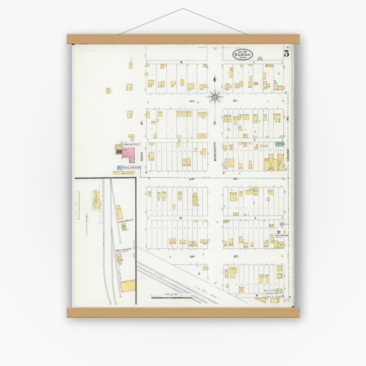 Old map wall art mockup — magnetic wood frame on white wall — Sanborn Fire Insurance Map from Bemidji, Beltrami County, Minnesota (1904), Sheet #0005
